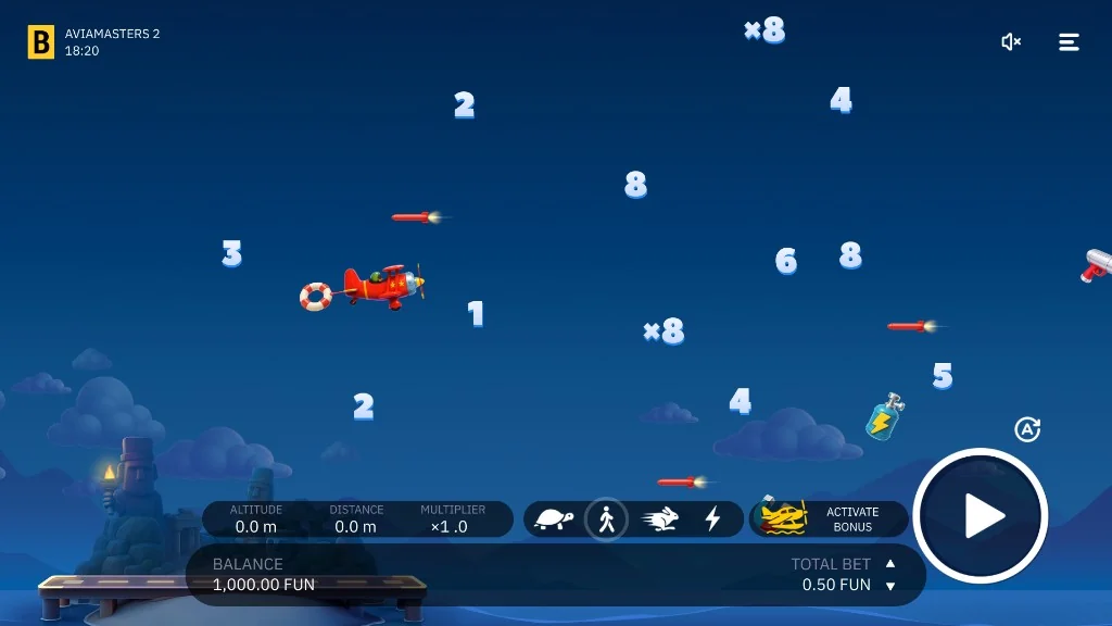 Aviamasters 2 mobile gameplay with flight path and LAND button